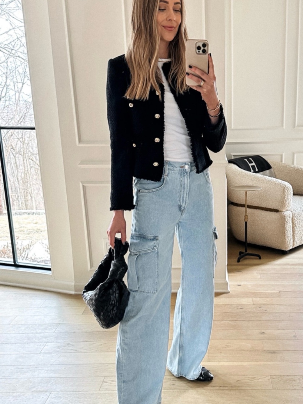 Mango Black Bouclé Cropped Blazer with Gold Buttons